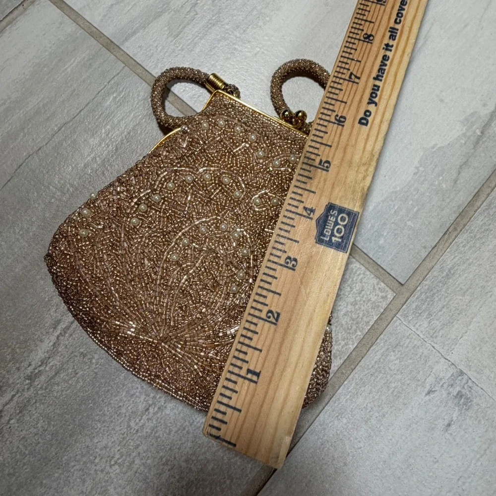 Vintage Beaded Evening Bag Champagne Gold Faux Pearl Kiss Lock Clutch Purse